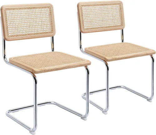 Miniatura 14 de Flouki Juego de 4 sillas de comedor de ratán, sillas decorativas bohemias para cocina con malla de caña natural, diseño voladizo de mediados