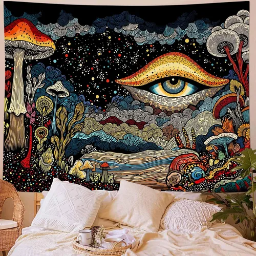 Miniatura 10 de Yeoiat Tapiz de flores cósmicas, tapiz de hongo, paisaje en pared, noche estrellada, arte botánico visionario, decoración para recámara