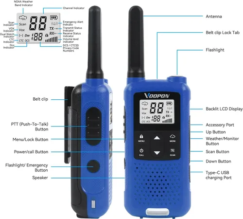 Miniatura 3 de V22 Walkie Talkies recargables para adultos, 22 canales FRS, radios bidireccionales meteorológicas NOAA con pantalla LCD, linterna VOX, batería
