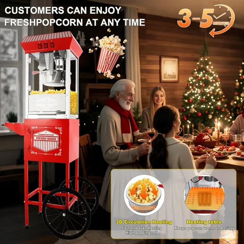 Miniatura 2 de Máquina comercial de palomitas de maíz con carrito y hervidor de 12 onzas, estilo vintage con ruedas de vidrio templado, plataforma de Rojo