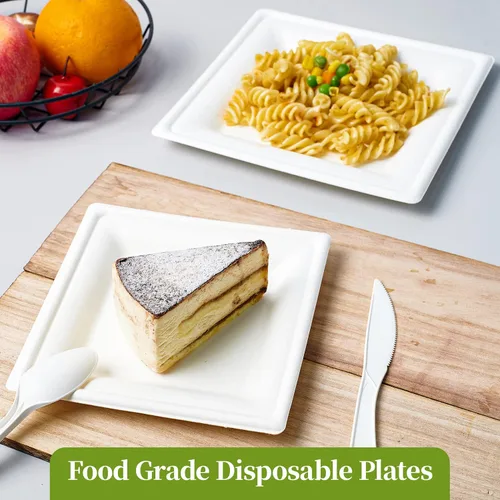 Miniatura 6 de ECOLipak 150 platos de papel cuadrados compostables, platos desechables cuadrados de 10 pulgadas, platos ecológicos biodegradables de bagazo de caña