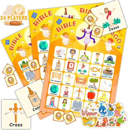 HomSeon Tarjetas de bingo bíblicas para 24 jugadores, juego de bingo cristiano para niños con calcomanías de Punny Jesús, juego cristiano religioso