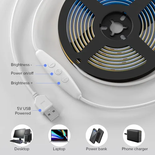 Miniatura 2 de Tira de luz LED USB de 6.56 pies, 5 voltios alimentada por USB, luces LED COB regulables, 3000 K, blanco cálido, 0.315 in, tiras flexibles de alta