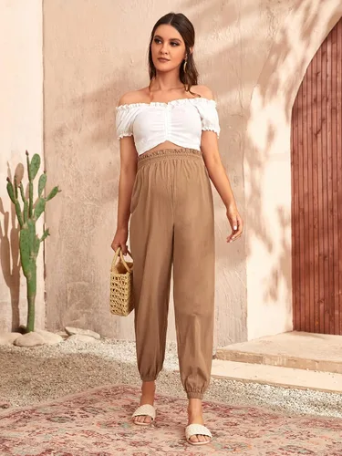 Miniatura 5 de OYOANGLE Pantalones de maternidad para mujer, de cintura alta, color liso, para trabajo, zanahoria, para embarazo, pantalones deportivos