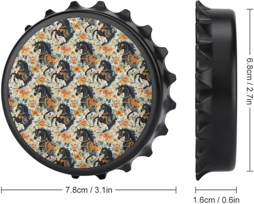 Miniatura 6 de Abrebotellas magnético de cerveza, diseño de caballo negro con flores vintage, portátil, con una sola mano, pequeño abrebotellas magnético