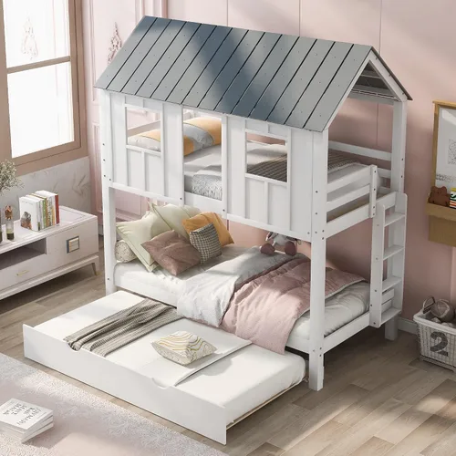 Miniatura 3 de JIVOIT Litera de madera con diseño de techo y ventanas, litera individual sobre individual con nido y escalera integrada para niños, adolescentes