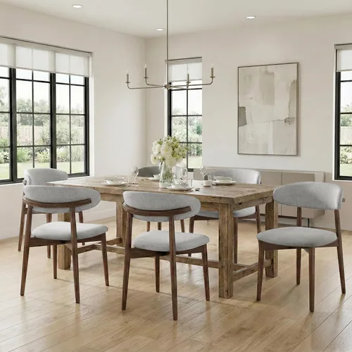 Miniatura 18 de Juego de 4 sillas de comedor, sillas tapizadas de estilo granja, sillas modernas de tela para cocina con patas de madera maciza, color camello