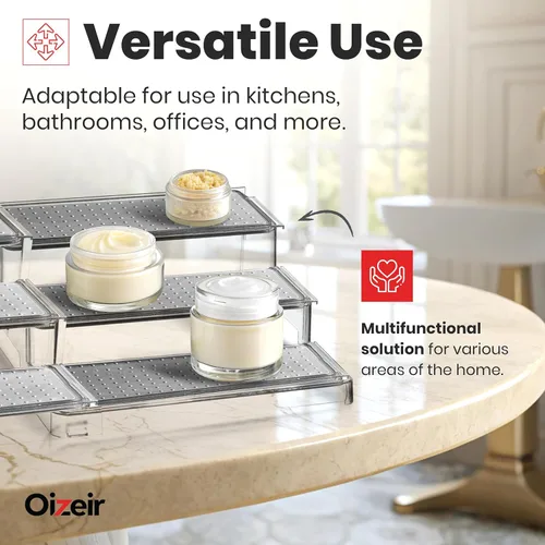 Miniatura 5 de Oizeir Estante organizador de especias expandible – 3 niveles – Estante transparente ajustable para organización de especias para armario de cocina