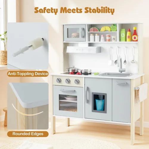 Miniatura 8 de HONEY JOY Juego de cocina para niños, cocina de madera para niños pequeños, microondas, campana extractora, máquina de hielo, 18 accesorios de Gris