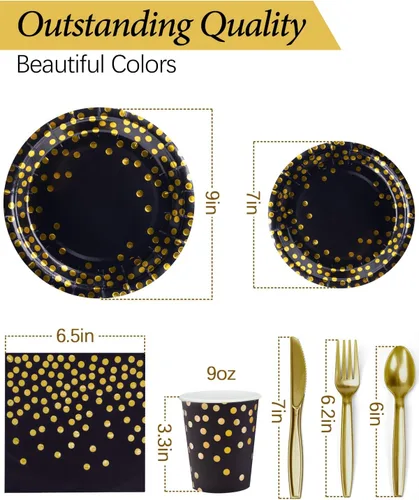 Miniatura 7 de 224 piezas de suministros para fiestas, platos de fiesta negros y dorados, juegos de vasos y servilletas con cuchillos, tenedores y cucharas