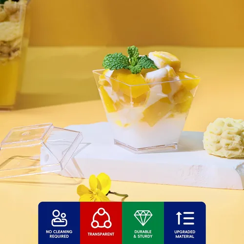 Miniatura 3 de JOLLY CHEF Paquete de 100 mini tazas de postre de 2 onzas con cucharas y tapas, taza cuadrada alta de plástico transparente para aperitivos