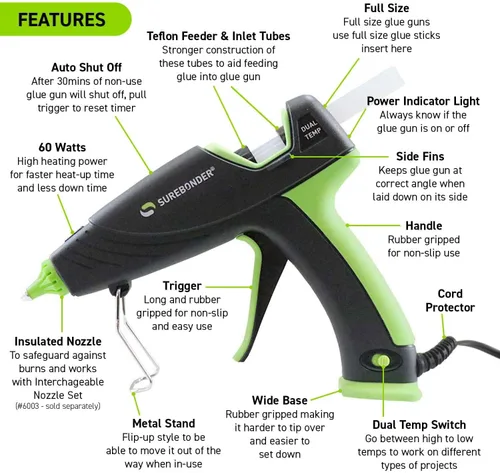 Miniatura 3 de Pistola de pegamento caliente Surebonder con apagado automático, doble temperatura, tamaño completo, 1.5 veces la potencia de las pistolas