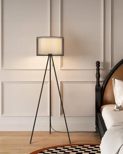 Miniatura 7 de KDG Lámpara de pie moderna, lámpara de trípode alta para sala de estar, dormitorio, oficina; pantalla de tela, bombilla LED, luz cálida (negro)
