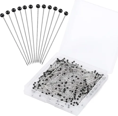 Miniatura 8 de Alfileres de costura, 300 alfileres rectos para tela, alfileres de acolchado de cabeza de bola perlada negra de 1.5 pulgadas, alfileres de costura