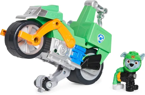 Paw Patrol, Moto Pups Moto Deluxe de Rocky con vehículo de motocicleta de tracción que hace piruetas y figura de juguete
