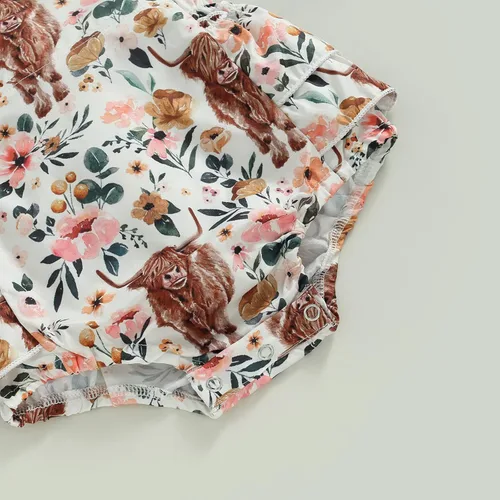 Miniatura 6 de Karuedoo Ropa de bebé del oeste con estampado de vaca, con volantes, sin mangas, mameluco con diadema, traje de vaquera para bebé