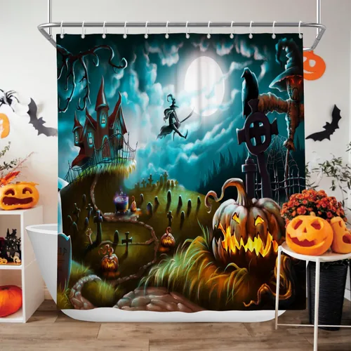 Miniatura 2 de Cortina de ducha de Halloween, cortinas de ducha de calabaza aterradora para baño, casa cazada de brujas, cortina de baño, cortina de baño