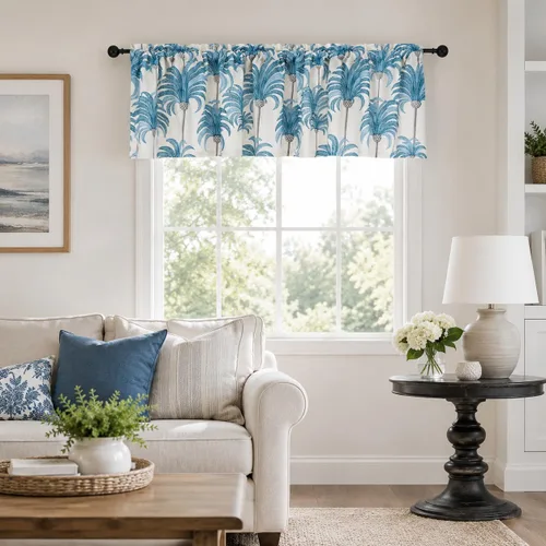 Miniatura 2 de VOGOL Cenefas azules para ventanas pequeñas, cenefas de ventana con estampado de hojas para sala de estar, cortinas cortas con bolsillo para barra