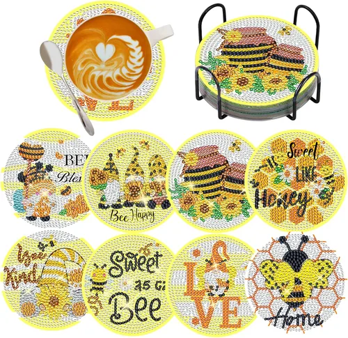 TDOOW Posavasos de arte de diamante, 8 piezas de posavasos de pintura de diamante, kit de arte de diamantes de abeja para adultos, regalo para