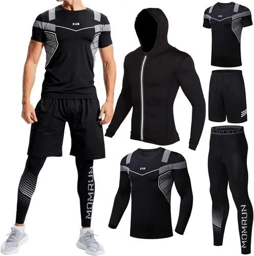 BOOMCOOL Ropa de entrenamiento para hombre ropa de fitness para gimnasio correr pantalones de compresión para correr camiseta de manga larga Negro