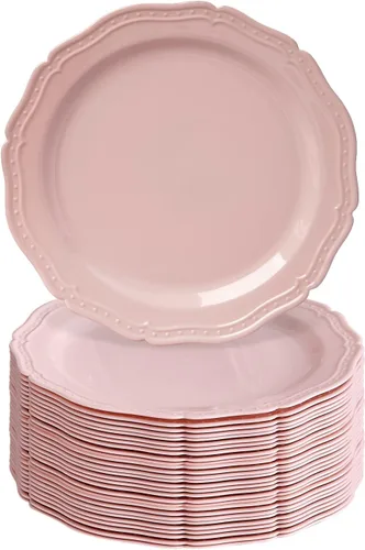 Platos de postre vintage con relieve en color rosa empolvado de CountrySide para fiestas (20 piezas) Juego de vajilla desechable resistente de 7.5",