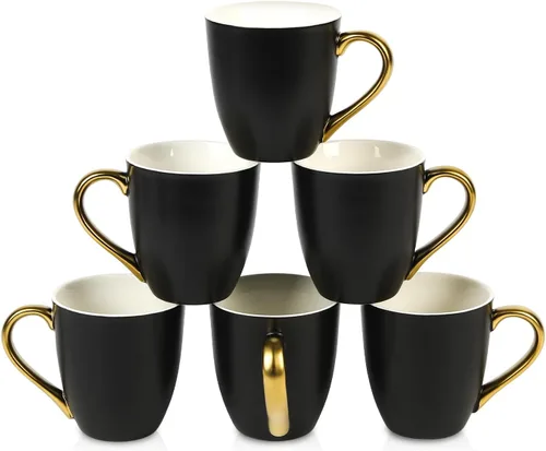 vicrays Juego de tazas de café, 11 onzas, juego de 6, tazas de cerámica para hombres y mujeres, tazas esmaltadas únicas con asa para café, té, Negro