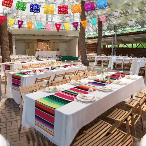 Miniatura 2 de Paquete de 10 caminos de mesa mexicanos de 14 x 84 pulgadas, 29 pancartas de papel picado, pancarta colgante de fiesta y banderín colorido para Rojo