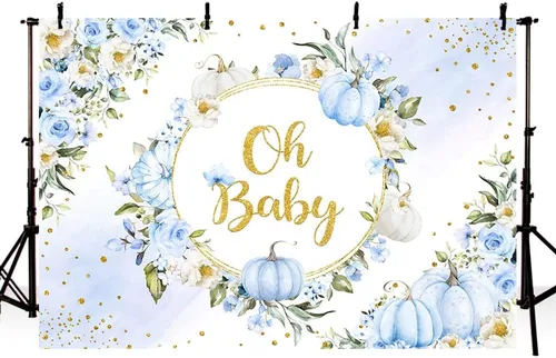 Miniatura 2 de MEHOFOND Fondo de otoño de 7 x 5 pies con diseño de calabaza Oh Baby en colores pastel, acuarela, azul, floral, recién nacido, baby shower