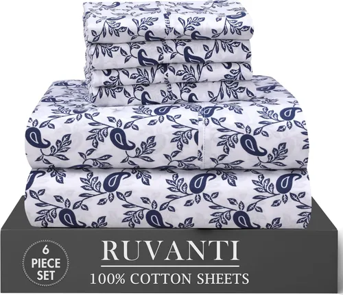 Miniatura 22 de RUVANTI 6 Piezas Sábanas de Algodón - 100% Algodón Natural Suave, Ligeras y Transpirables Sábanas de Percal Crujiente, Sábanas de Cama Tamaño Full