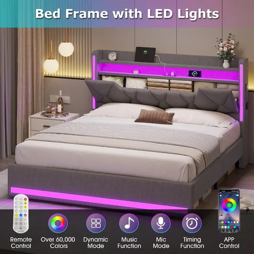 Miniatura 7 de busyaeh Base de cama Queen con cabecera de almacenamiento, marco de cama de metal con luces LED y estación de carga, cama Queen tapizada