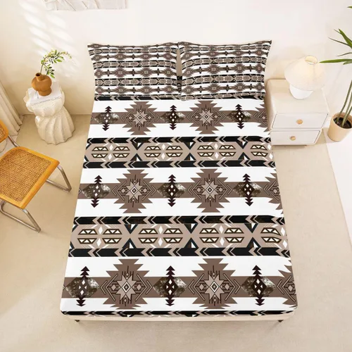 Miniatura 22 de Juego de ropa de cama de estilo bohemio occidental, tamaño individual, diseño de vaca atrapasueños, sábana bajera ajustable del suroeste, tribu