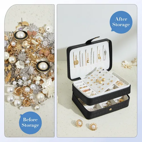 Miniatura 2 de Estuche de joyería de viaje, caja organizadora de joyas portátil con 3 capas de almacenamiento de piel sintética para aretes, collares, anillos