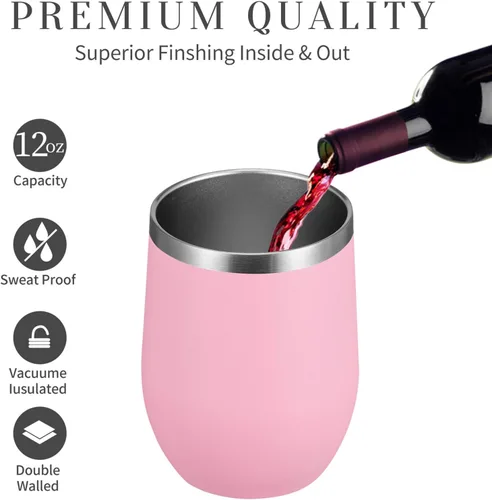 Miniatura 5 de MEWAY - Juego de 12 vasos de vino de 12 onzas con tapa, vasos de viaje de acero inoxidable con aislamiento al vacío de doble pared, sin tallo
