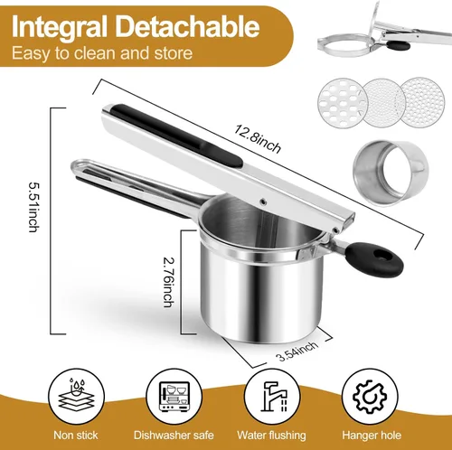 Miniatura 3 de AHFLRITO Ricer de patatas, Ricer resistente para puré de patatas, Triturador de patatas grande de acero inoxidable con mango ergonómico, eficiente