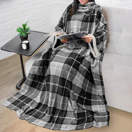 Miniatura 27 de PAVILIA Manta de forro polar con mangas para mujeres y hombres adultos, manta portátil cálida y suave, acogedora con bolsillo para abrazarse, manta