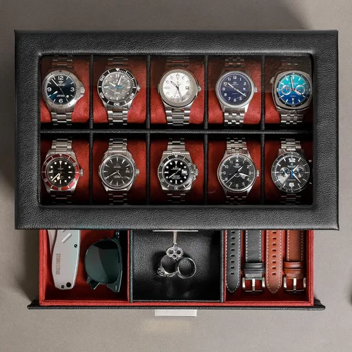 Miniatura 34 de ROTHWELL Caja de reloj de cuero de 10 ranuras con cajón de valet, organizador de exhibición de lujo con forro de microgamuza ultrasuave, soporte