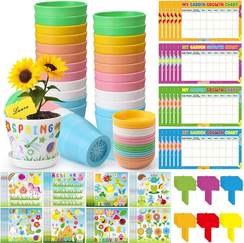 Miniatura 10 de Capoda Juego de 24 macetas de jardín, kit de manualidades, macetas de plástico de primavera para vivero con calcomanías, tablas de crecimiento