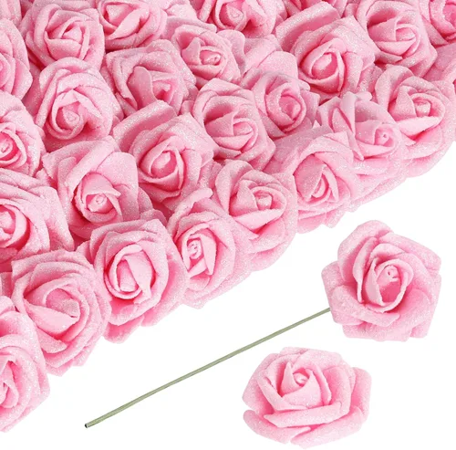 Miniatura 13 de Flores negras con purpurina, 30 unidades, flores artificiales con purpurina, rosas de espuma con tallo, flores sintéticas para bricolaje, ramo