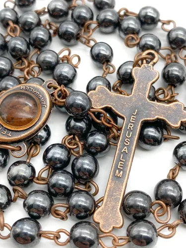 Miniatura 13 de Nazareth Store Hematite Rosary Beads Black Stone Catholic Rosary Necklace with Jerusalem Holy Soil & Cross Antique Religious Rosaries Beads
