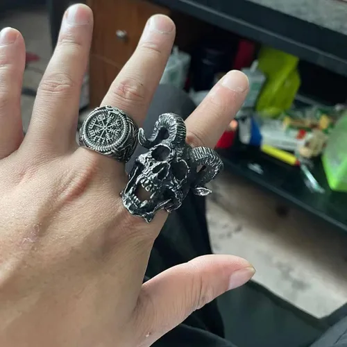 Miniatura 2 de ZMY Home Demon Head Skull Ring Big Horned Stainless Steel Biker Jewelry Ring Men