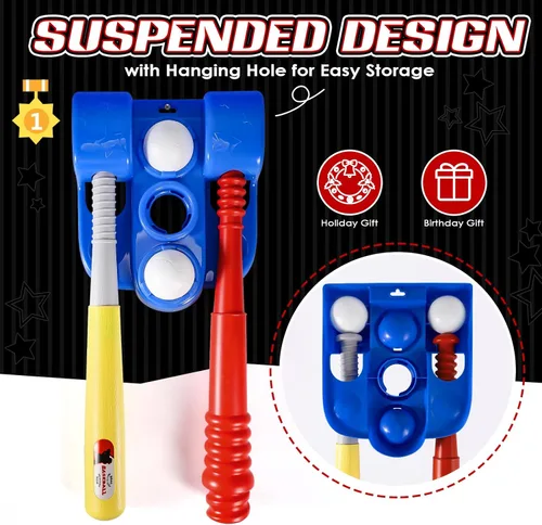 Miniatura 5 de Juego de pelota para niños, juegos de pelota en T para niños pequeños de 1 a 3 años, juguetes de béisbol con 6 bolas/guante/máquina de Azul