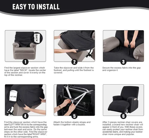 Miniatura 6 de KinCam Fundas para Reclinables, Fundas Elásticas para Sillas Reclinables, Fundas para Sofá Reclinable con Rayas Jacquard, Fundas Protectoras de Negro