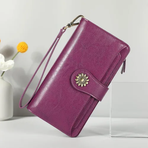 Miniatura 3 de Lavemi Carteras de cuero genuino de gran capacidad con bloqueo RFID para mujer, tarjetero con correa para la muñeca