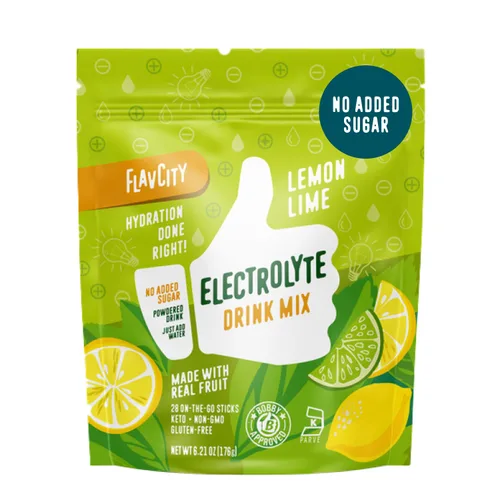 Paquetes de polvo de electrolitos de limón y lima FlavCity - 28 paquetes de hidratación - Sin azúcar añadida - Polvo de hidratación con fruta real y
