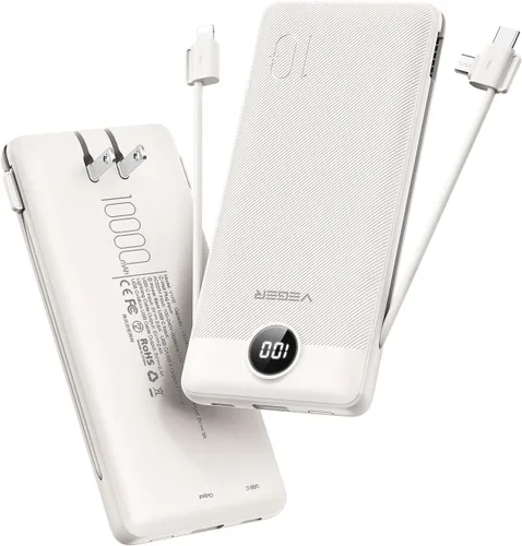 Miniatura 12 de VEGER Cargador Portátil con Enchufe de CA Integrado y Cables, Todo en Uno 10000mAh Batería Externa Ultra Delgada Esenciales de Viaje, Paquete