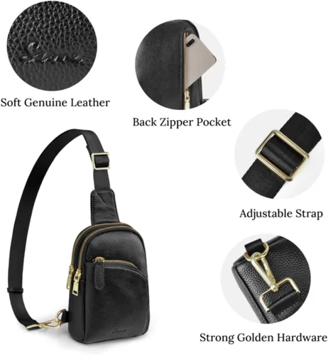 Miniatura 8 de S-ZONE Bolso bandolera para mujer, cangureras de cuero genuino con bloqueo RFID, bolsas cruzadas en el pecho, regalos para mujeres y hombres, Negro