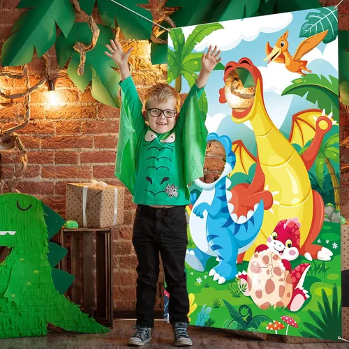 Miniatura 4 de DPKOW Accesorio para fotos de fiesta de dinosaurios para niños, divertido telón de fondo de cara en el agujero, pancarta de puerta de dinosaurio