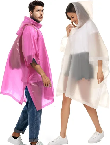 Miniatura 48 de Paquete de 2 ponchos de lluvia para adultos, reutilizables, impermeables, de supervivencia, emergencia, resistente, con capucha con cordón