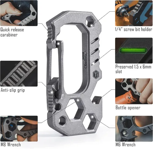 Miniatura 5 de KeyUnity KU01 Llavero de titanio con mosquetón multiherramienta, soporte para llaves de mosquetón, llaves de tornillo, soporte para brocas