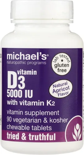 Miniatura 4 de Michael's Naturopathic Programs Vitamina D3 con K2-5000 IU, 90 tabletas masticables - Sabor a albaricoque, suplemento de apoyo del sistema